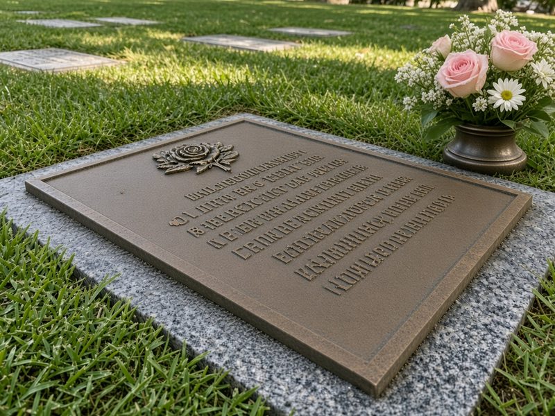 Illustrative example, after: the same plaque cleaned to warm bronze, with pink roses and daisies in the vase