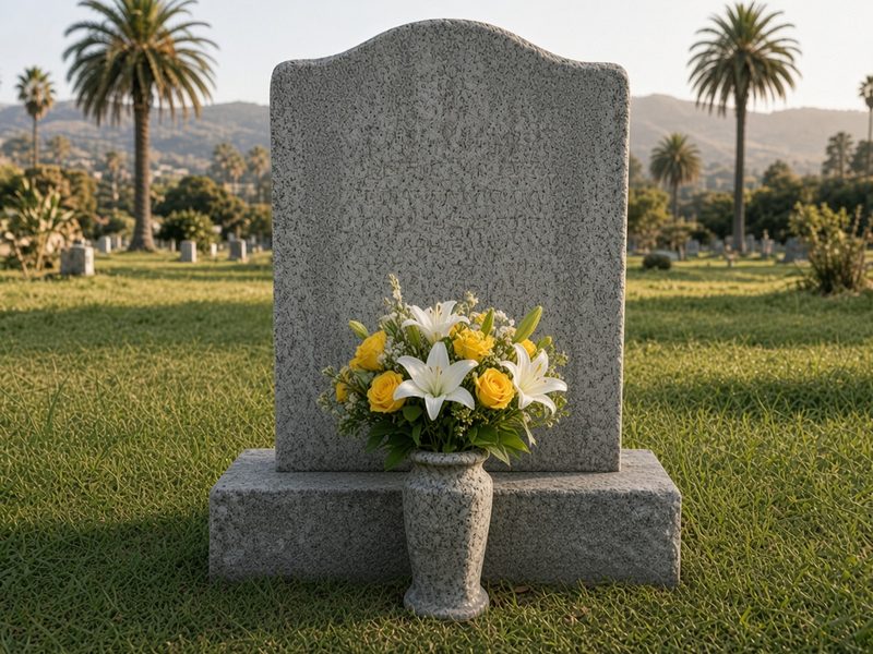 Illustrative example: a clean gray upright headstone on a neatly kept lawn with fresh white lilies and yellow roses in its vase