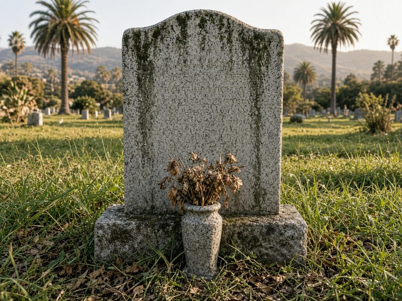 Illustrative example, before: an upright gray headstone with dark streaks and lichen, tall weeds at the base, and dead flowers